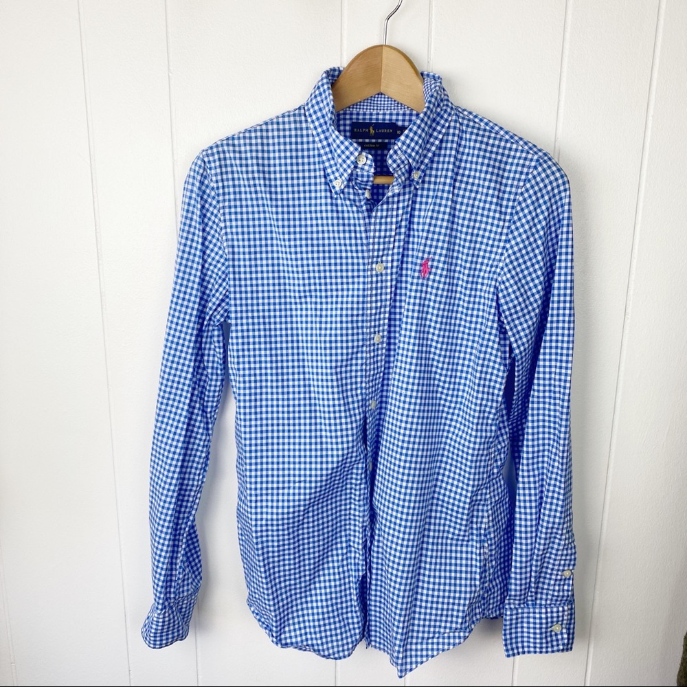 Ralph Lauren Blue Gingham Button Down Shirt 10 - Picture 1 of 4